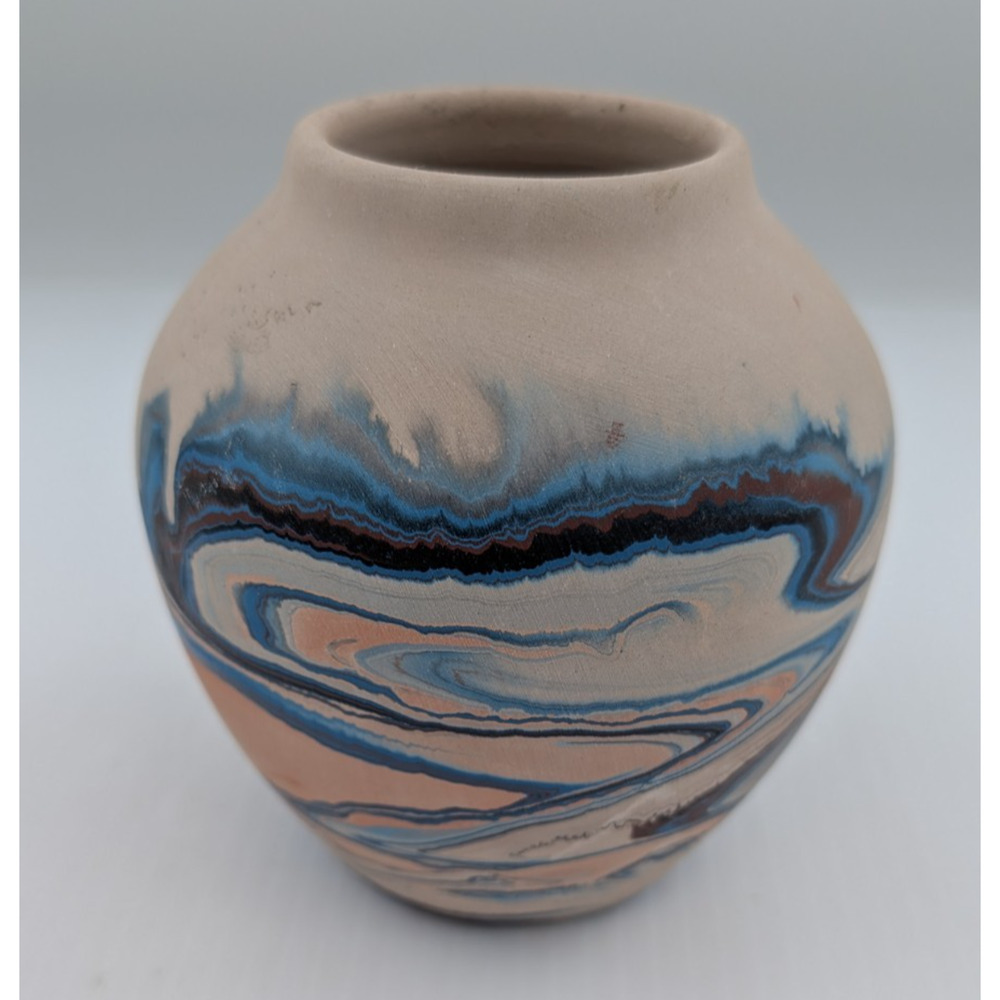 Nemadji Pottery Indian River Vase Handmade Southwestern USA Vintage Blue Swirl